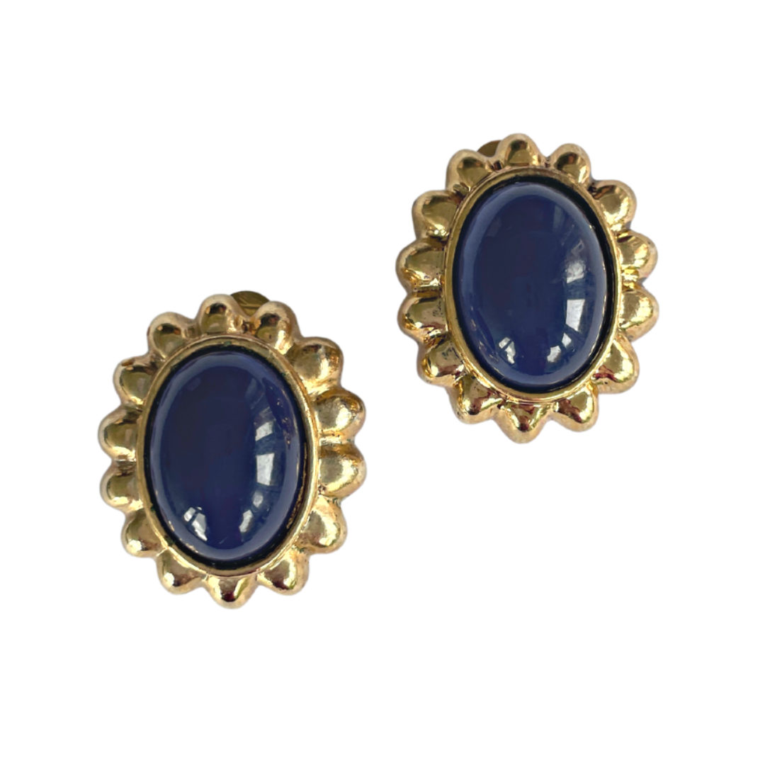 ANYA vintage navy oval stone clip-ons