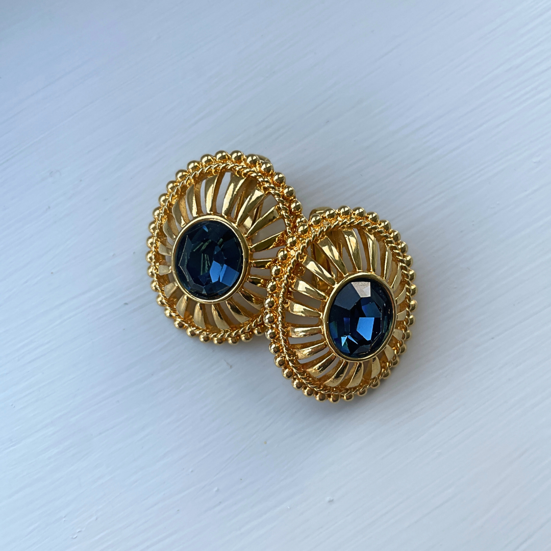 Gold and blue stone clip-on statement earrings