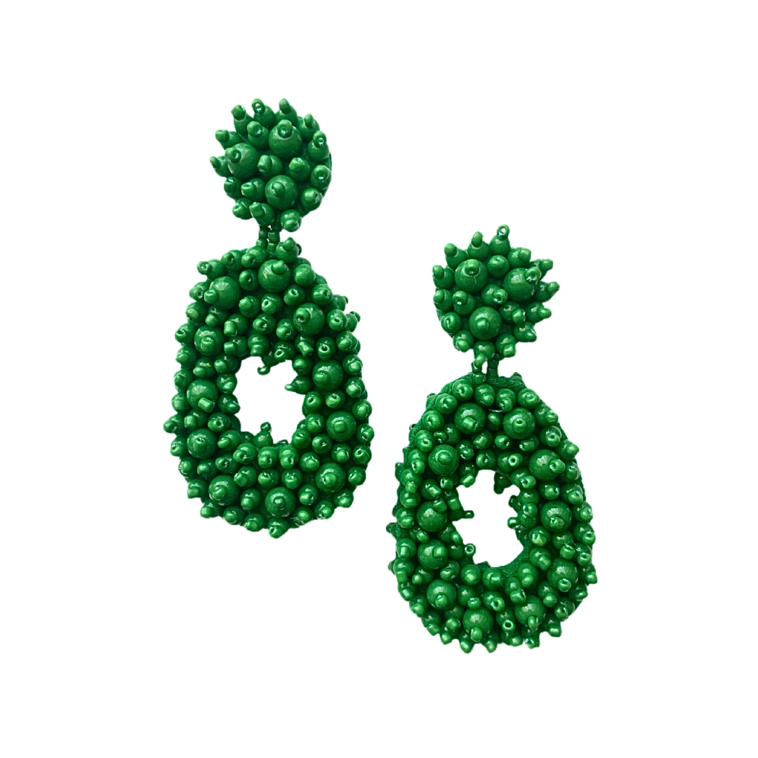 Green beaded statement earrings