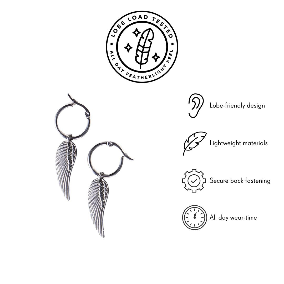 Silver wing pendant hoops