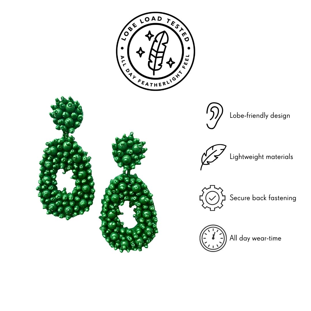 Green beaded statement earrings