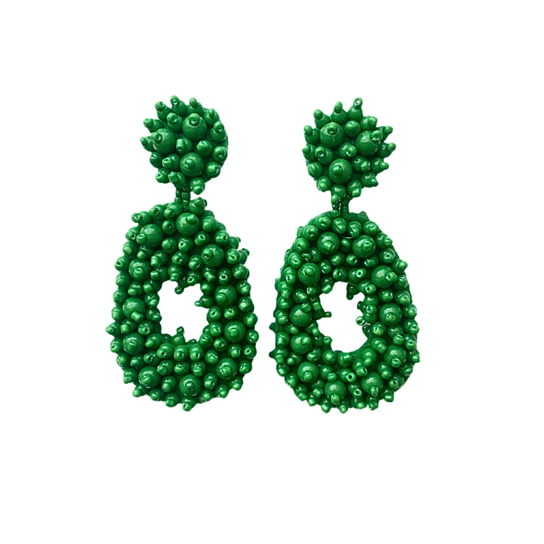 Green beaded statement earrings