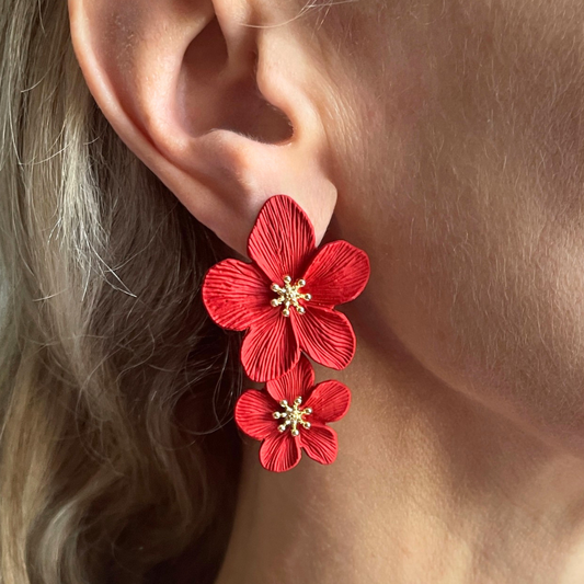 Red flower statement earrings