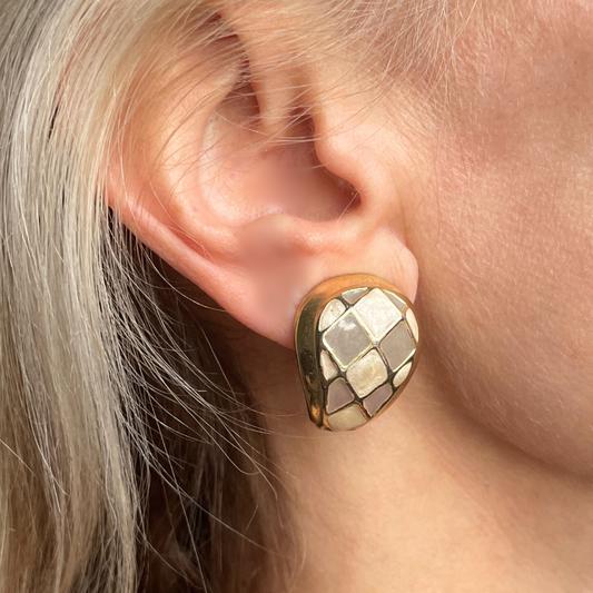 Gold chequered enamel clip-ons