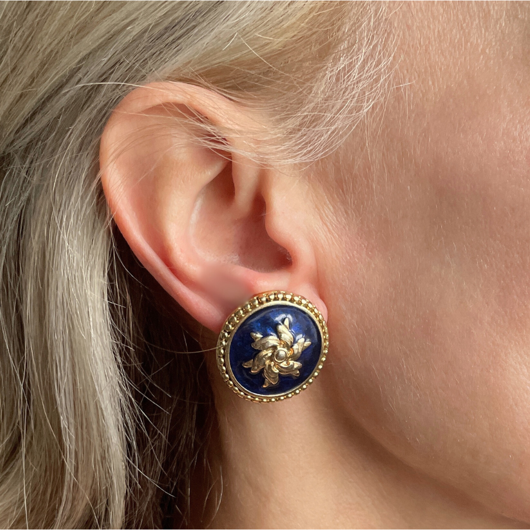 VICTORIA gold & navy enamel clip-on earrings