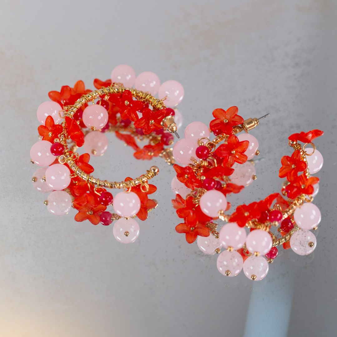 Red and pink beaded hoops