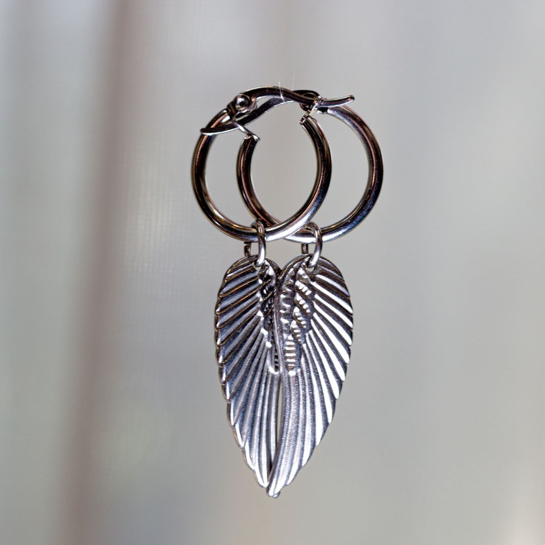 Silver wing pendant hoops