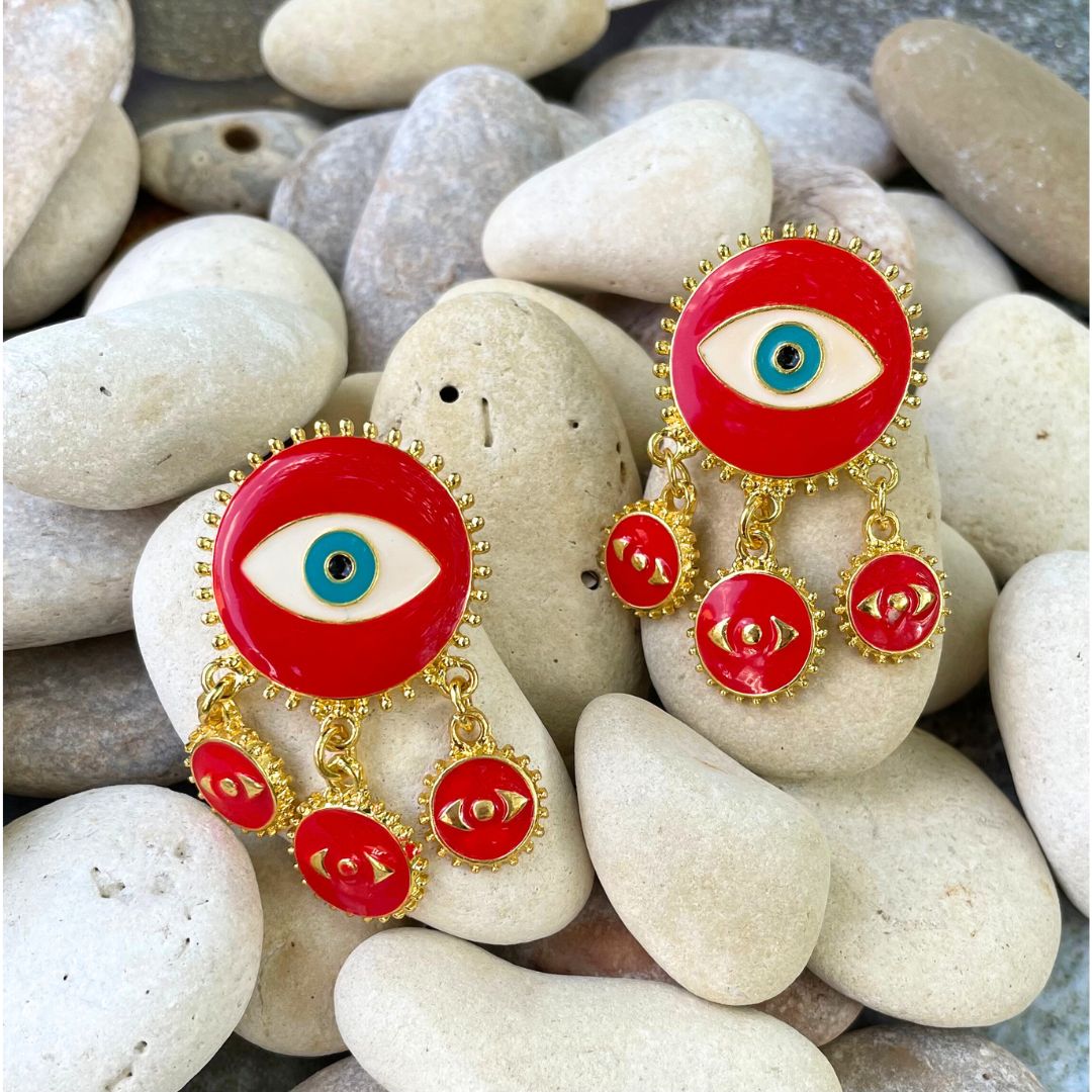 Red evil eye statement earrings