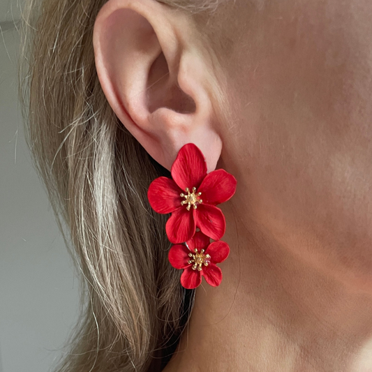 Red flower statement earrings