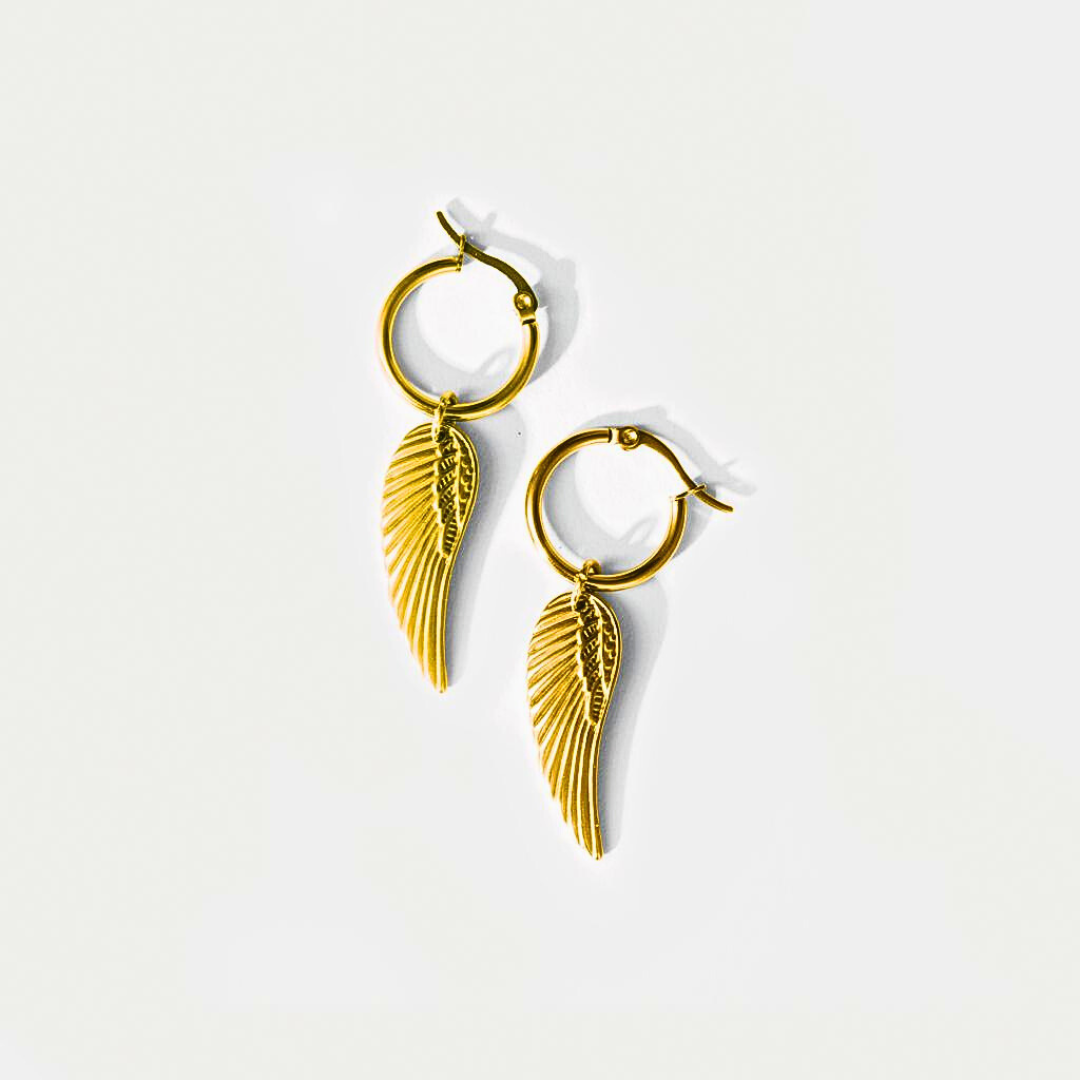 Gold wing pendant hoops