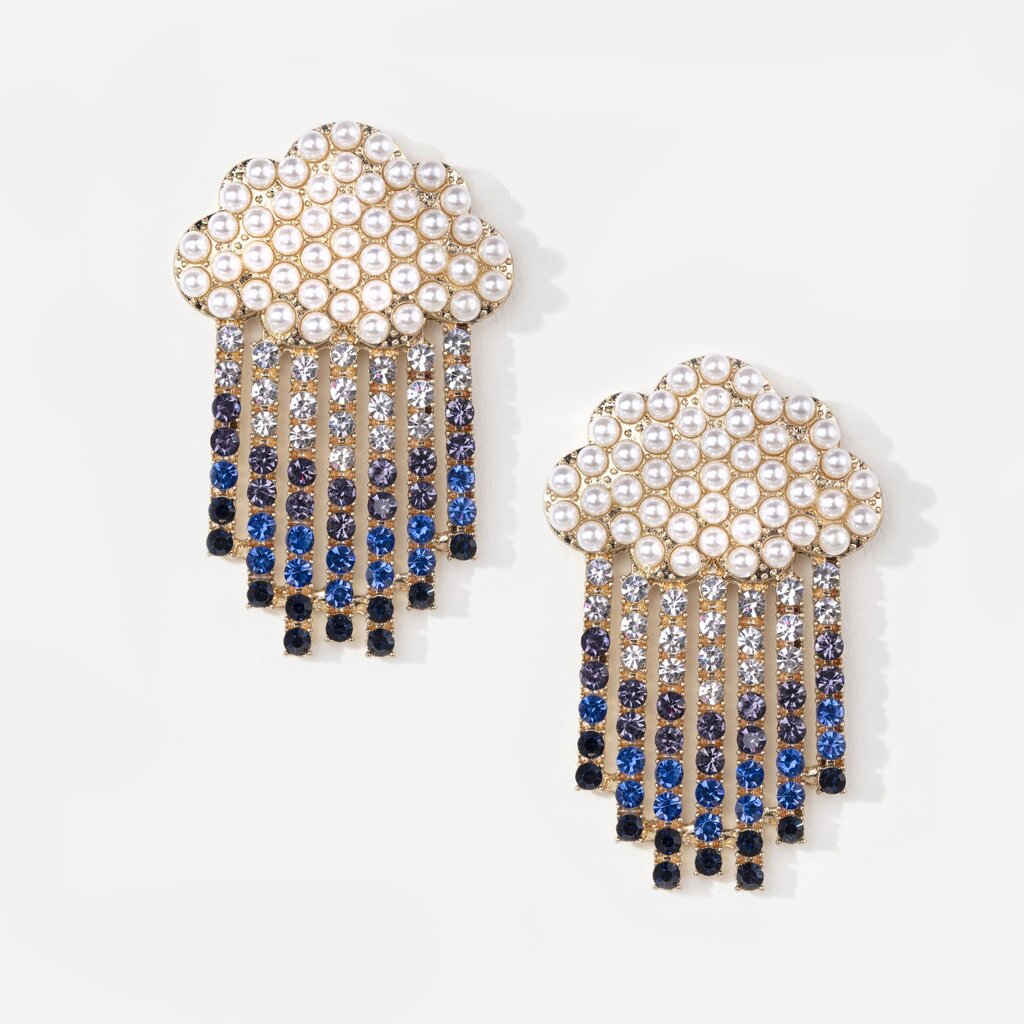 Pair of statement raincloud shaped earrings with pearl and crystal design.