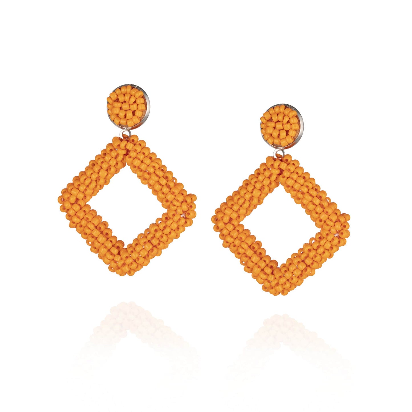 Pair of orange beaded dangle earrings with large stud and square pendant