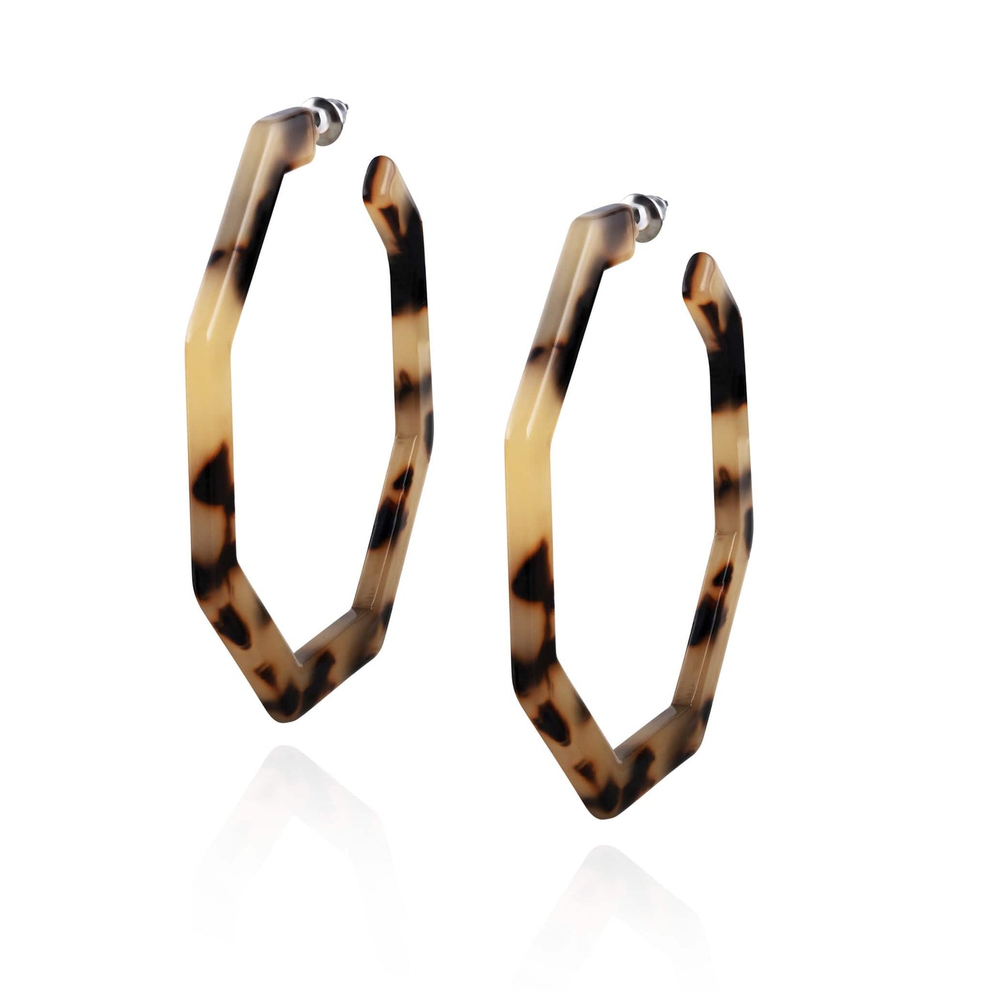 Pair of ivory and brown coloured hexagon shaped hoop pierced earrings