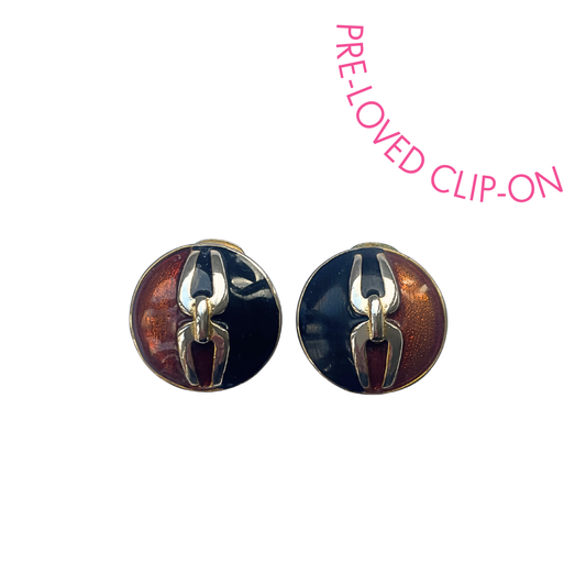Bronze and black enamel clip-on earrings