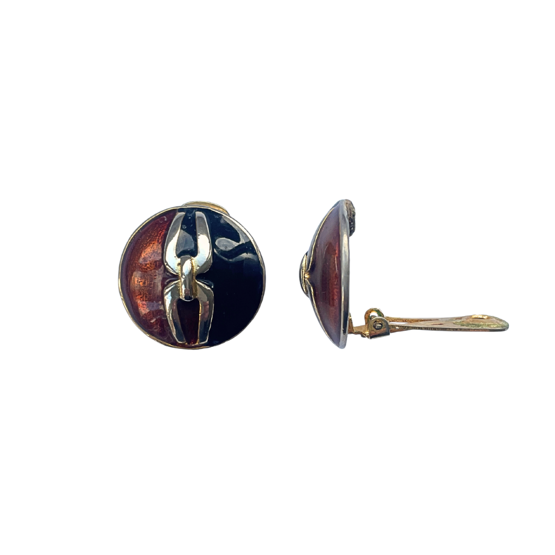Bronze and black enamel clip-on earrings