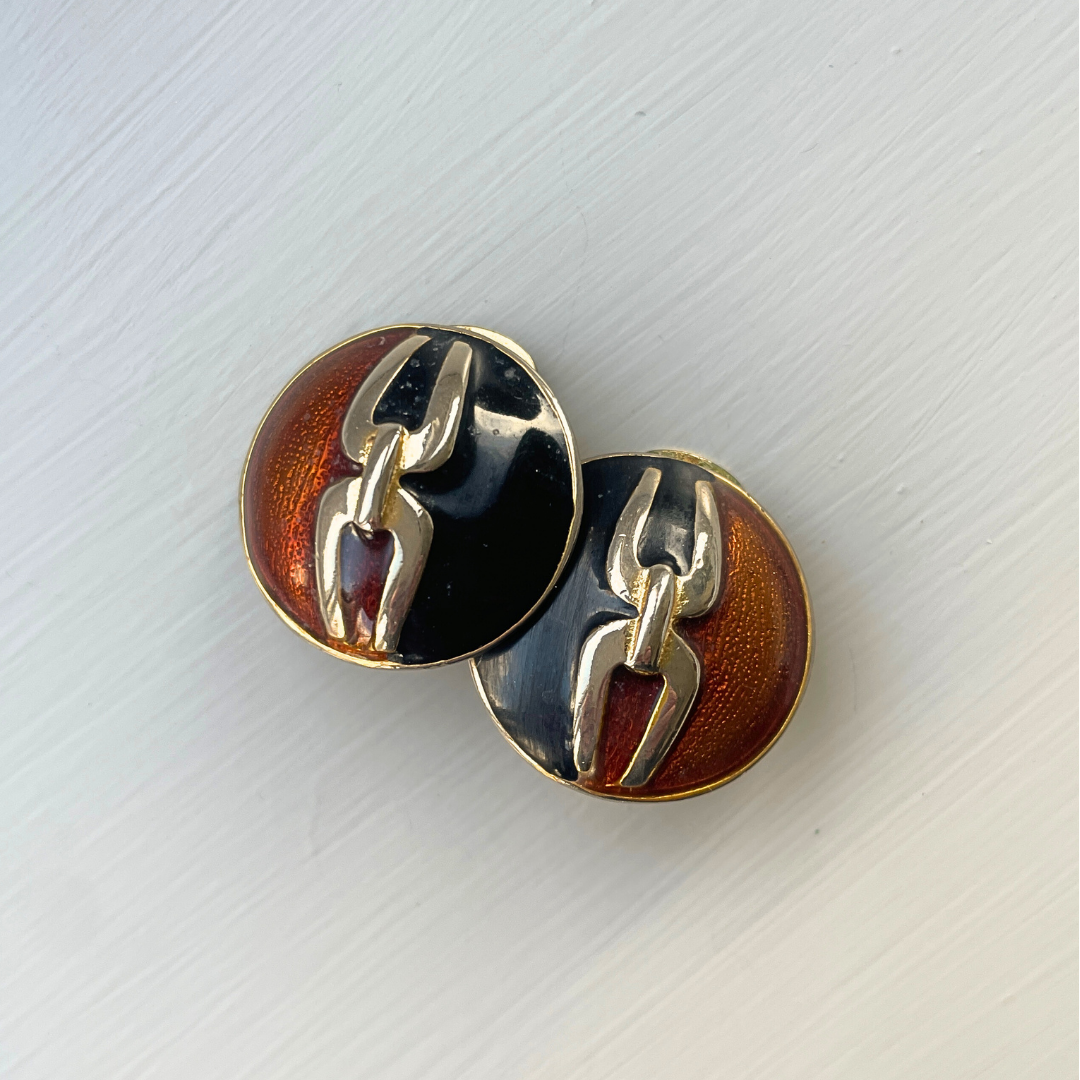 Bronze and black enamel clip-on earrings