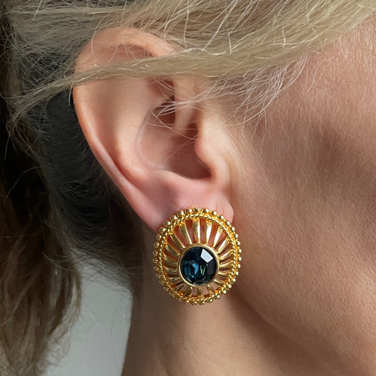 Gold and blue stone clip-on statement earrings