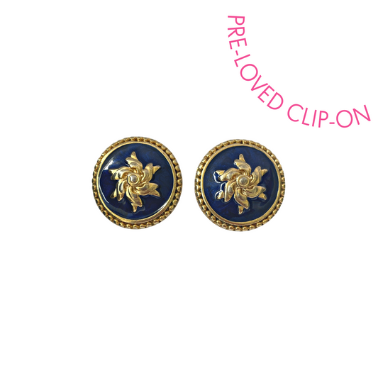 VICTORIA gold tone clip-on earrings with navy enamel detail