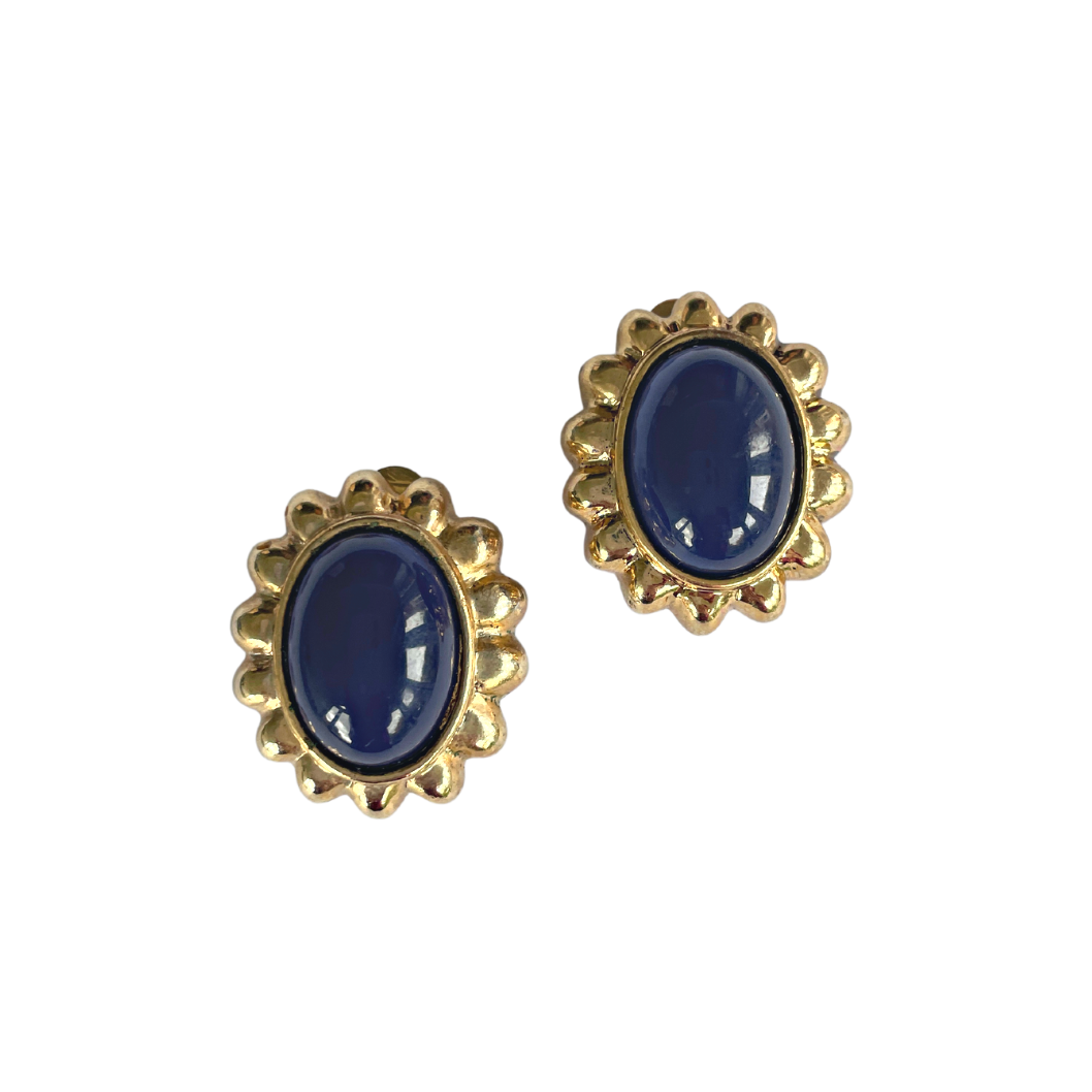 ANYA vintage navy oval stone clip-ons