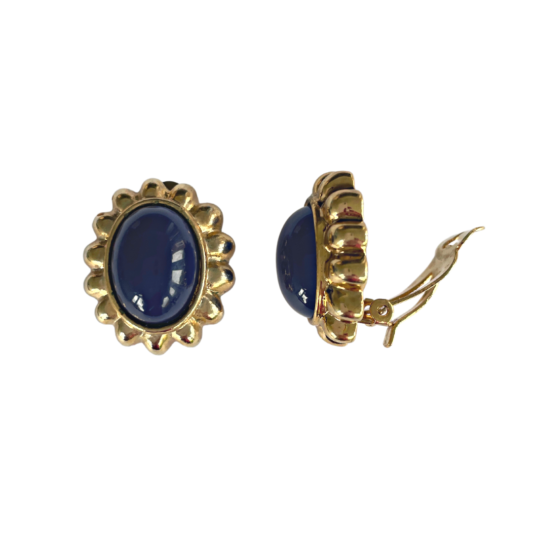 ANYA vintage navy oval stone clip-ons