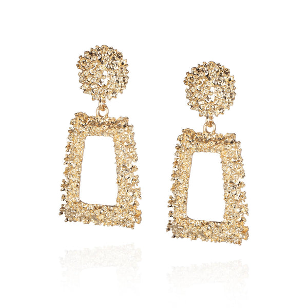 Pair of statement earrings in textured gold effect with a large round stud and rectangular pendant