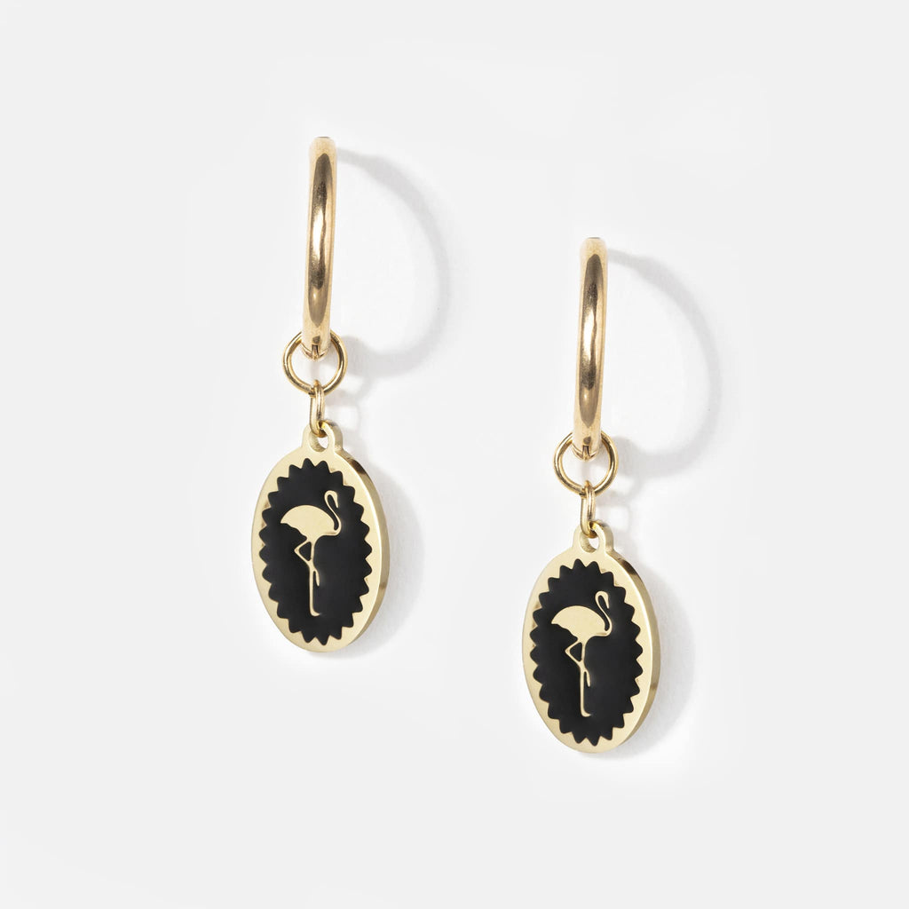 Pair of small golden huggie hoop earrings with flamingo design pendant 