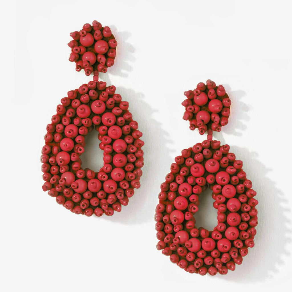 Pair of large, red, beaded teardrop shape statement earrings