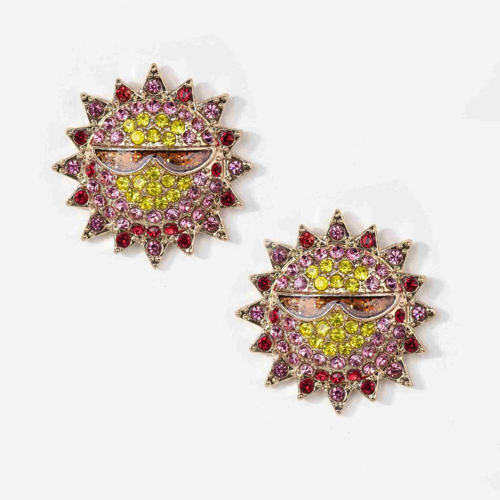 Pair of sun shaped stud earrings with sunglasses and multicolour crystal design