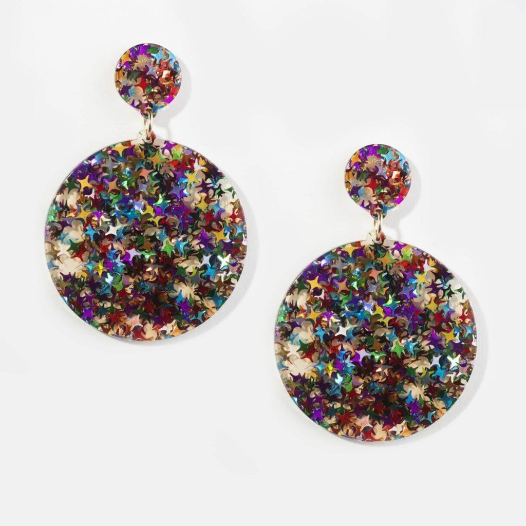 Pair of multicolour rainbow star-studded disc drop statement earrings 