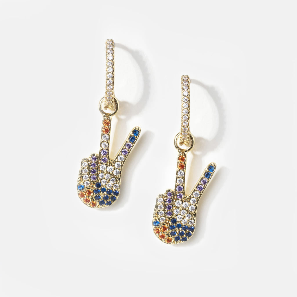Pair of small, golden peace hand drop earrings in multicolour zircon design