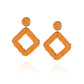 Pair of orange beaded dangle earrings with large stud and square pendant  
