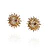 Pair of sun shaped stud earrings with sunglasses and bronze and yellow crystal design