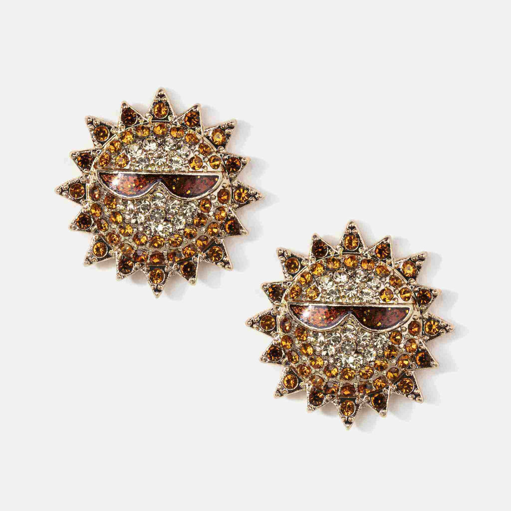 Pair of sun shaped stud earrings with sunglasses and bronze and yellow crystal design