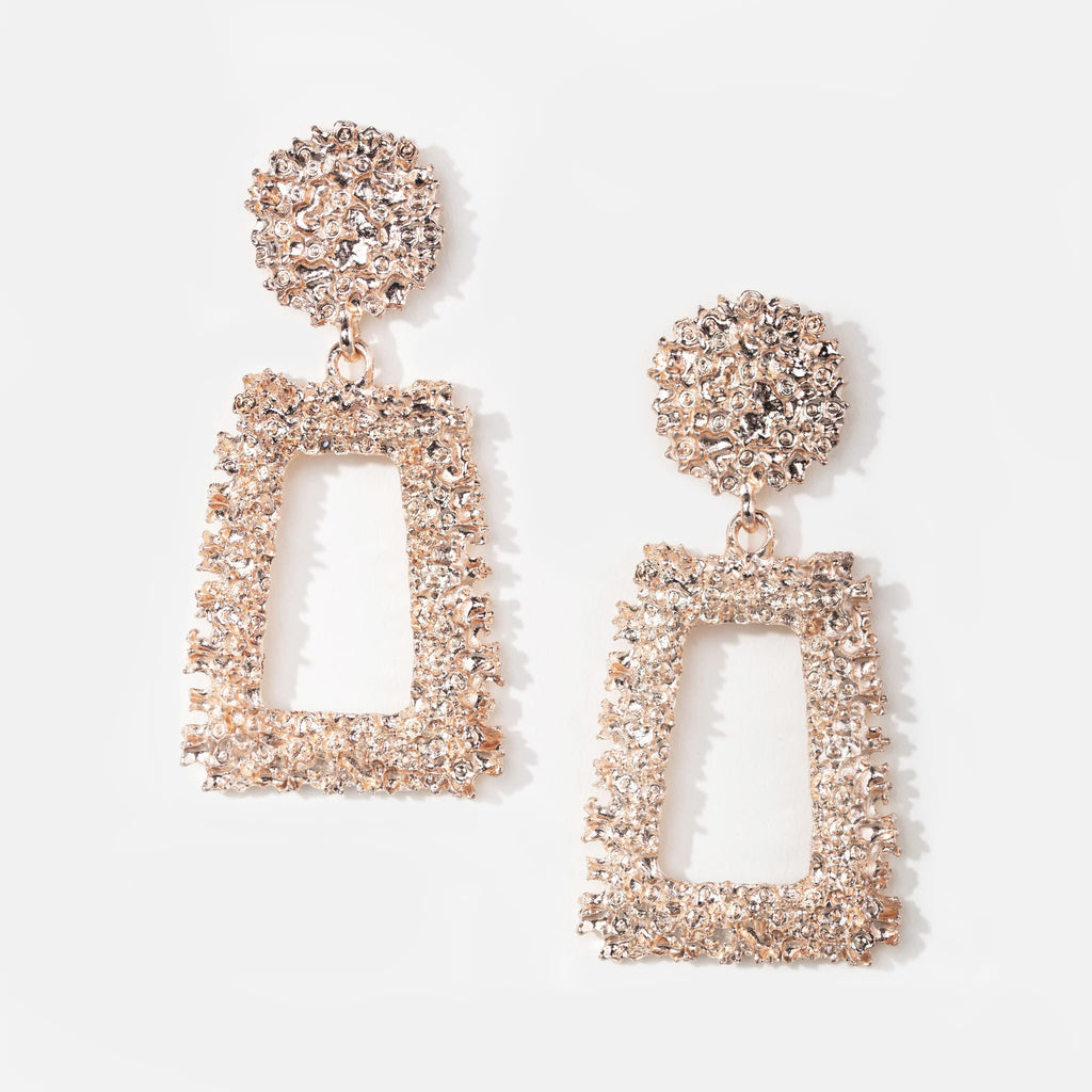Pair of statement earrings in textured rose gold effect with a large round stud and rectangular pendant