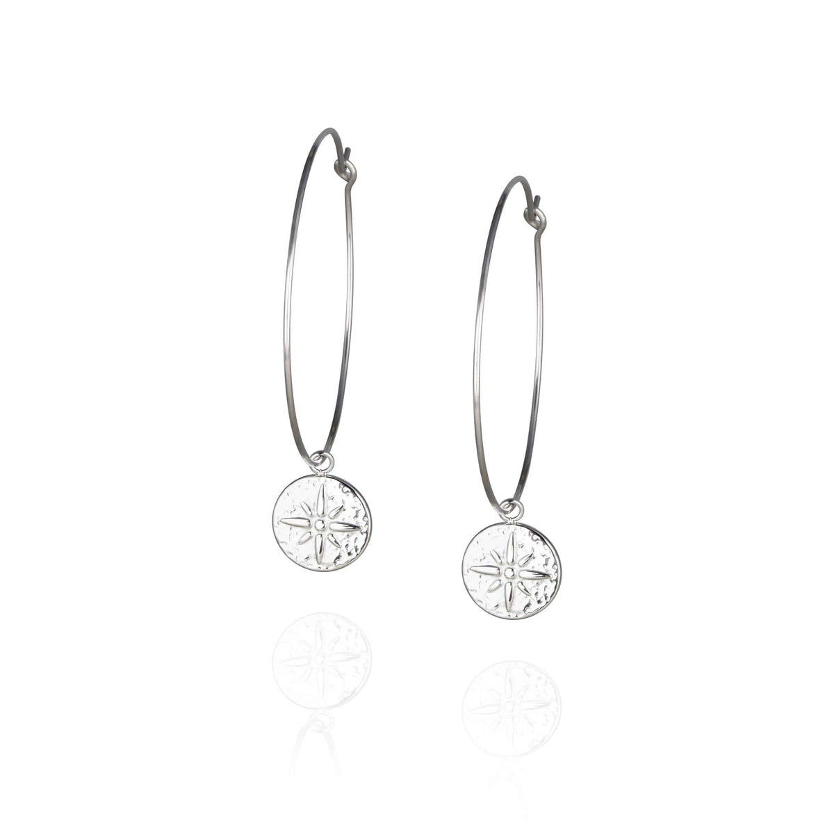 Thin Silver Hoop Earrings with StarPatterned Pendant Cheerings