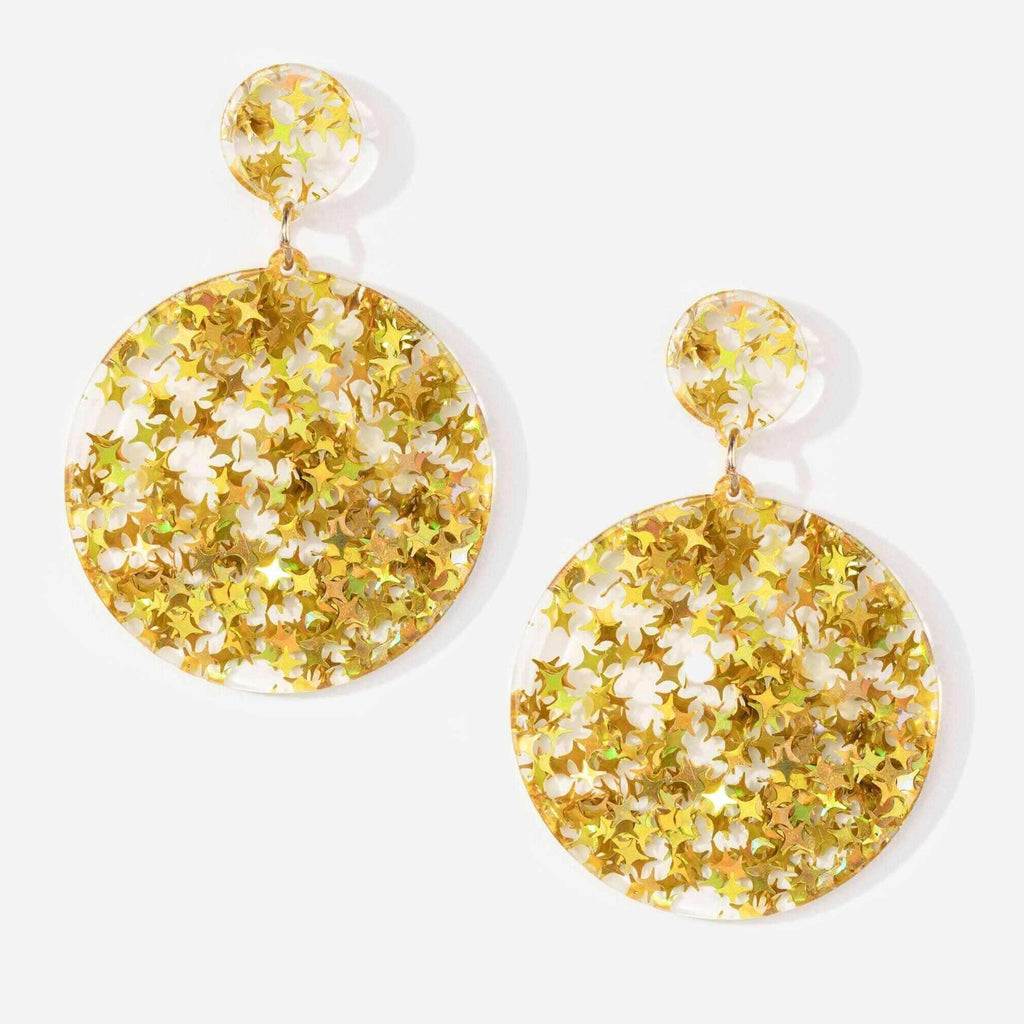 Pair of large acrylic statement earrings with circular stud and round disc drop pendant and golden yellow metallic star detail