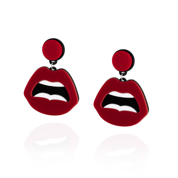 Pair of acrylic statement earrings with red circular stud and large lip-shaped pendant