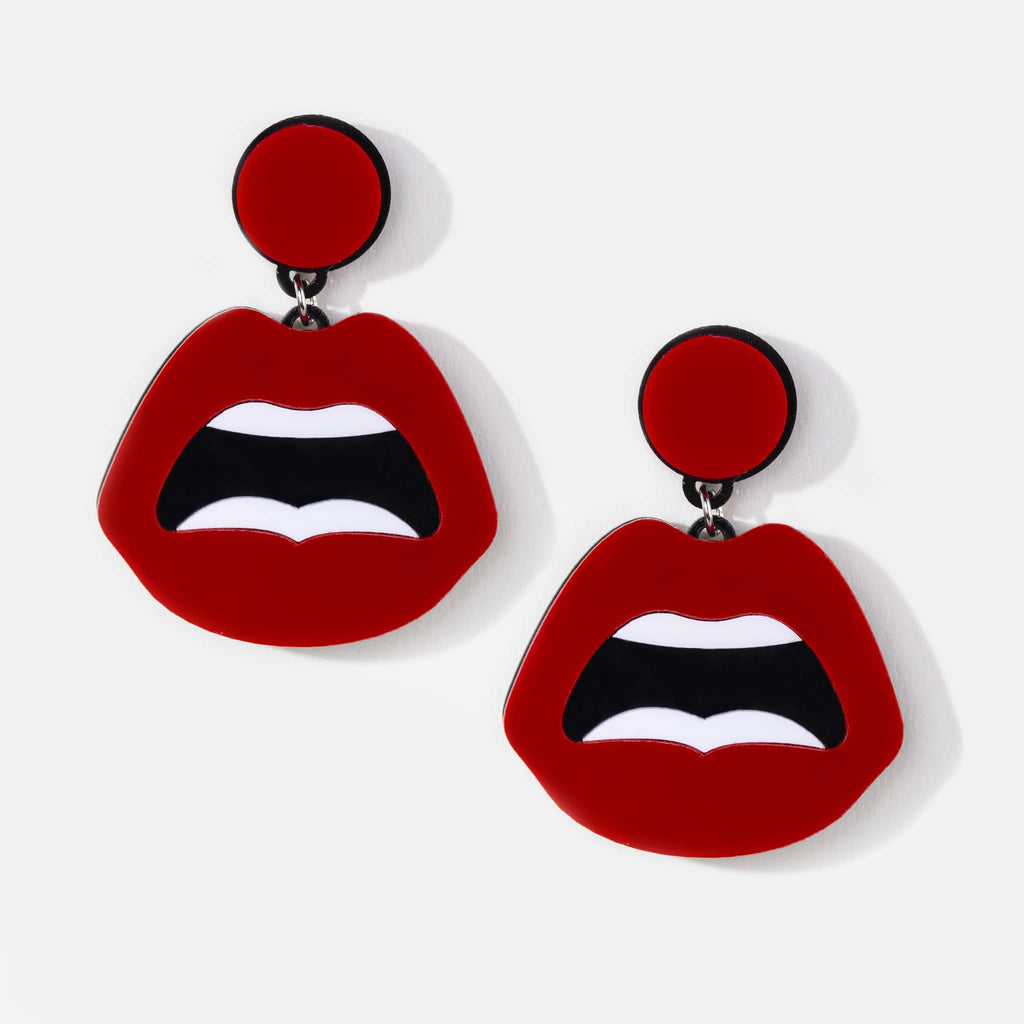 Pair of acrylic statement earrings with red circular stud and large lip-shaped pendant