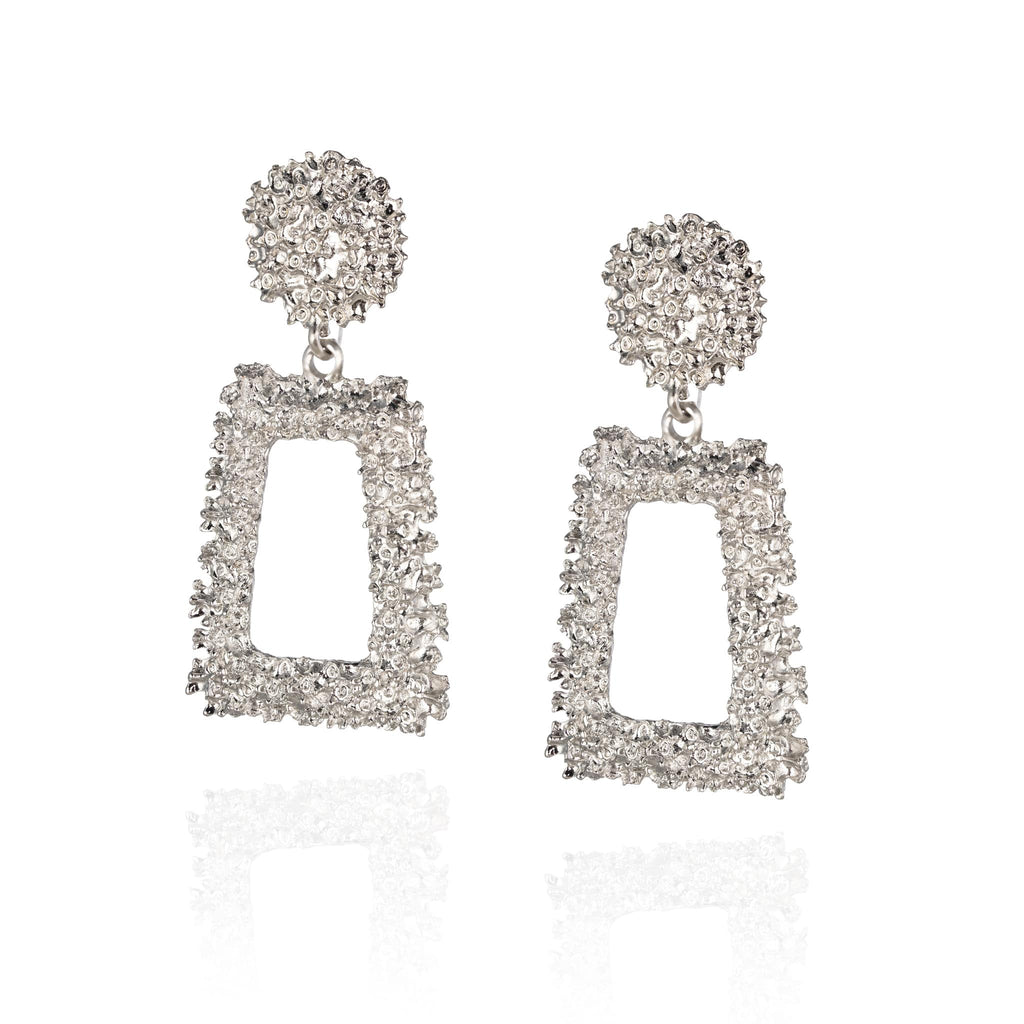 Pair of statement pierced earrings in textured silver effect with a large round stud and rectangular pendant